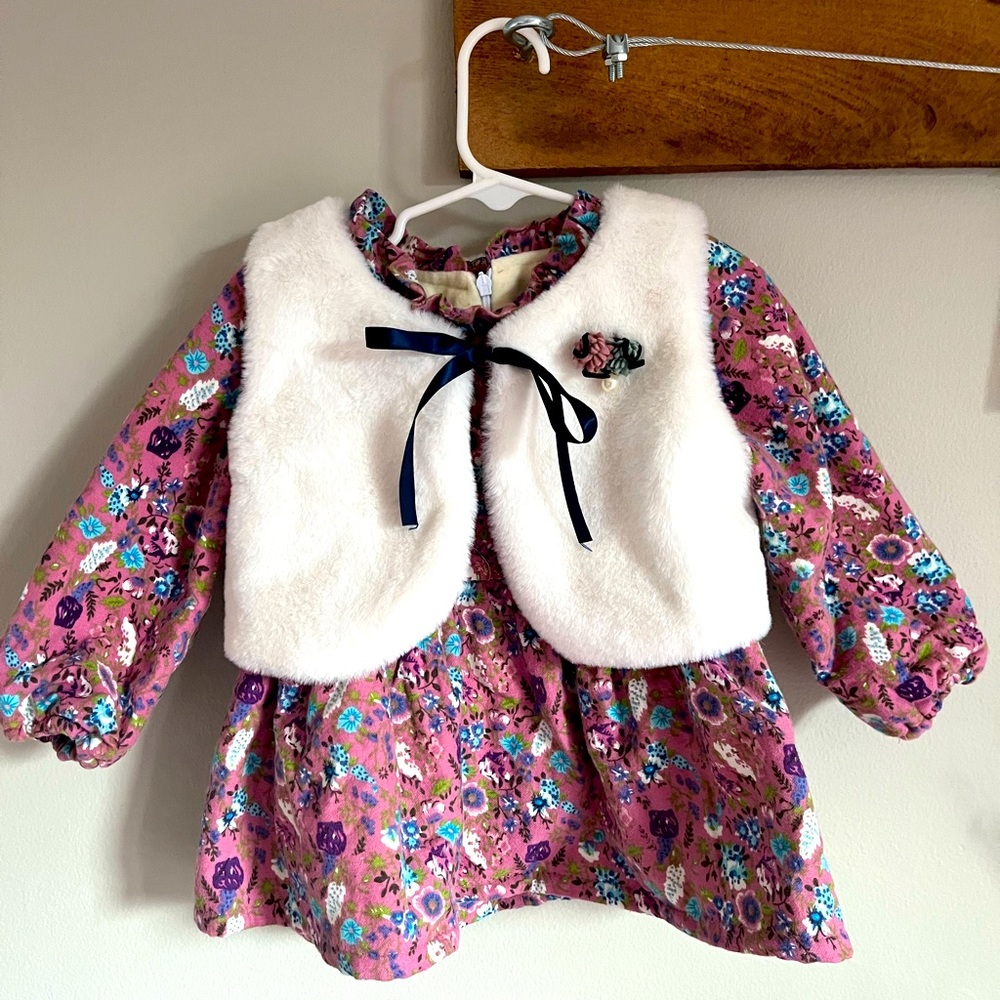 6-12 month girls long sleeve dress and vest.